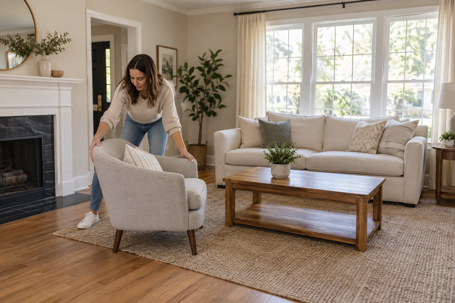 Illustrative scene of a woman repositioning an accent chair in a bright, tidy living room.