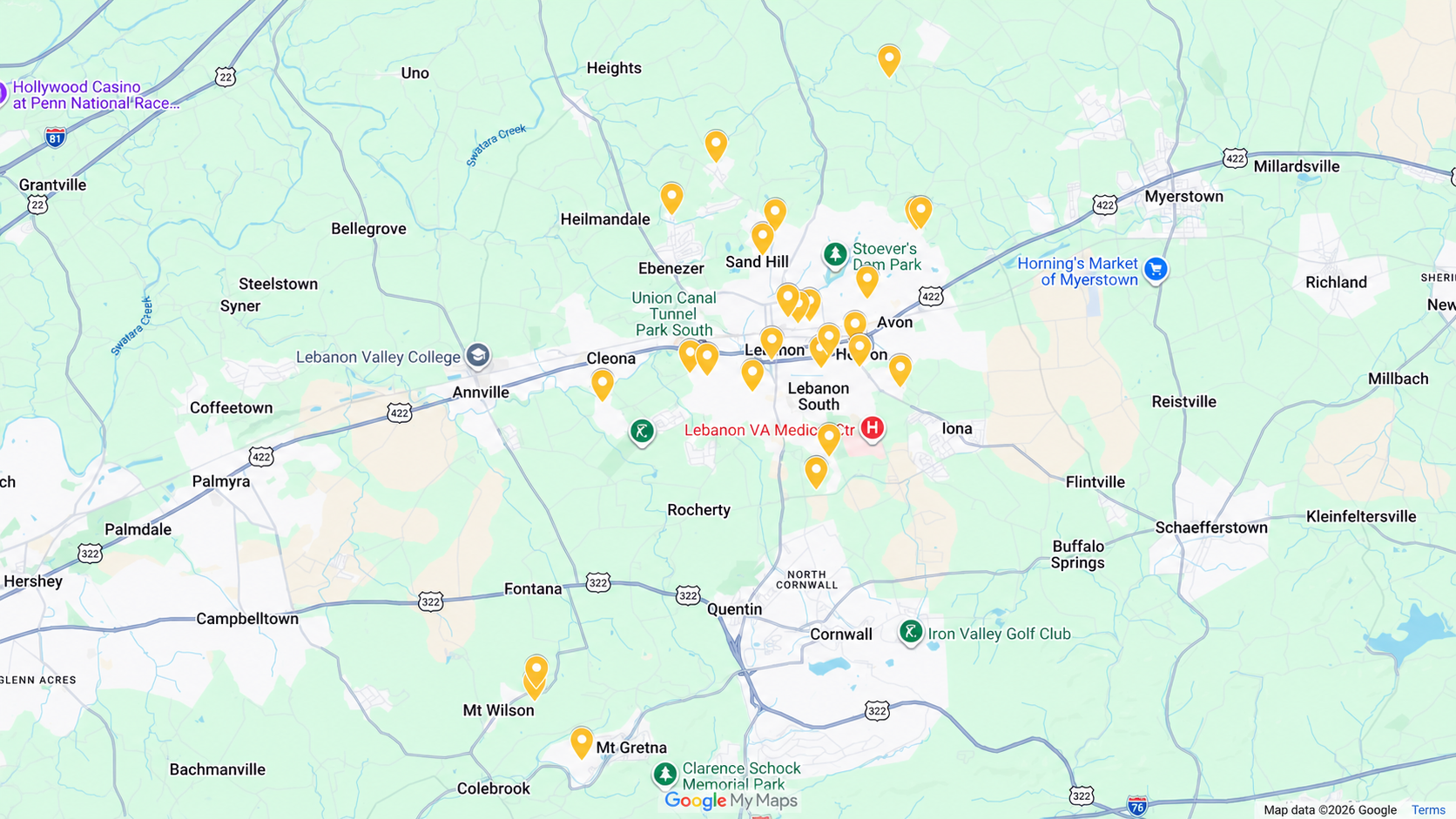 Map showing 28 Lebanon-area property locations from 31 verified Team Sechman closed transactions, 2019–2026