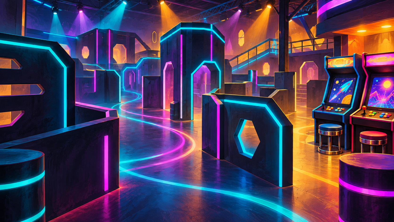 Illustrated laser-tag arena with cyan and magenta maze barriers, warm overhead lights, and two arcade cabinets.